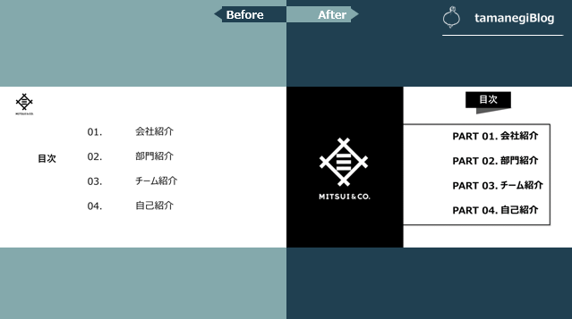 実用パワポ術 もう悩まない 5分で作れるおしゃれな目次のデザインと作り方 Tamanegiblog